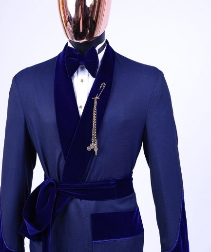 An “Asgad” Soaked Italian velvet shawl lapel, navy blue, hand woven treading, cube patterned pajamas tuxedo suit