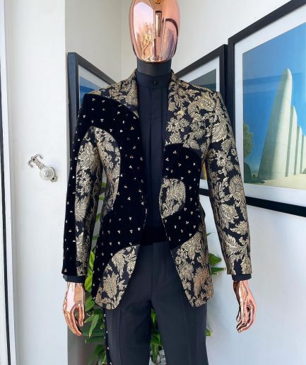 A “Prodigal” dispersed Black and splashed champagne gold suit, Layered black velvet with ss20 mixed Swarovski