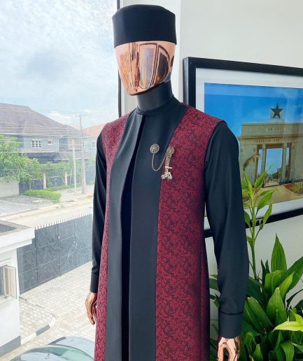 A charcoal black long sleeve kaftan, dispersed burgundy and black splash kimono jacket.