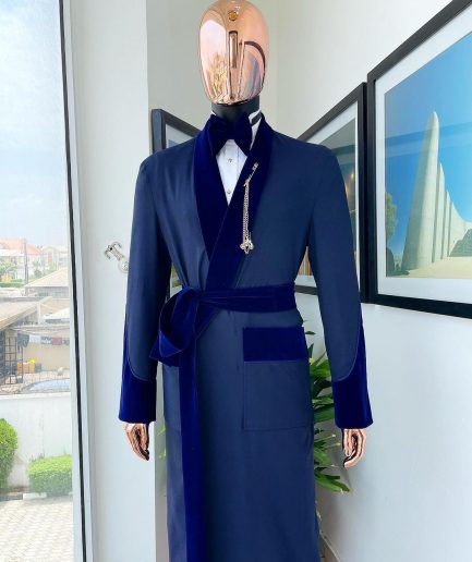 An “Asgad” Soaked Italian velvet shawl lapel, navy blue, hand woven treading, cube patterned pajamas tuxedo suit