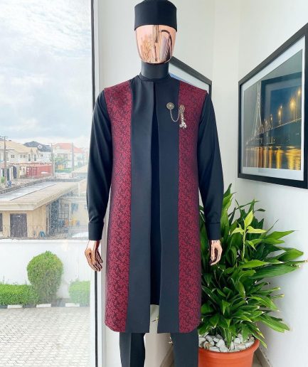A charcoal black long sleeve kaftan, dispersed burgundy and black splash kimono jacket.