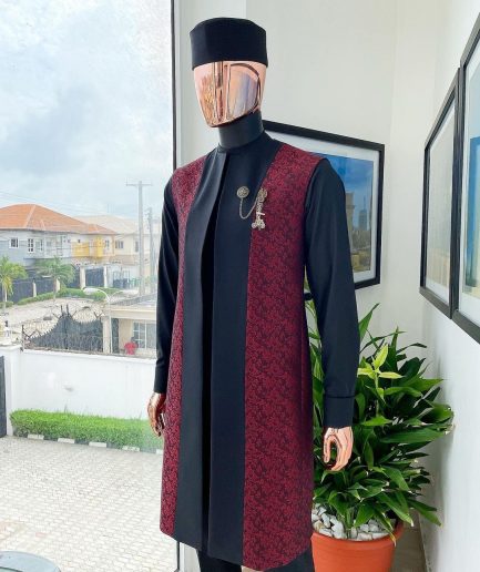 A charcoal black long sleeve kaftan, dispersed burgundy and black splash kimono jacket.
