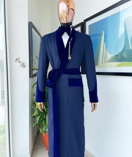 An “Asgad” Soaked Italian velvet shawl lapel, navy blue, hand woven treading, cube patterned pajamas tuxedo suit