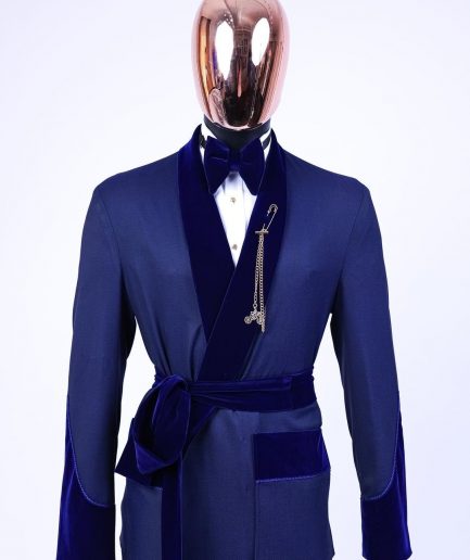 An “Asgad” Soaked Italian velvet shawl lapel, navy blue, hand woven treading, cube patterned pajamas tuxedo suit