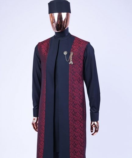 A charcoal black long sleeve kaftan, dispersed burgundy and black splash kimono jacket.