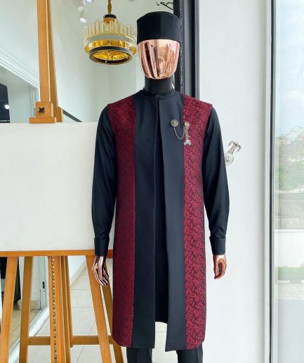 A charcoal black long sleeve kaftan, dispersed burgundy and black splash kimono jacket.