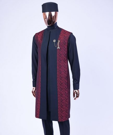 A charcoal black long sleeve kaftan, dispersed burgundy and black splash kimono jacket.