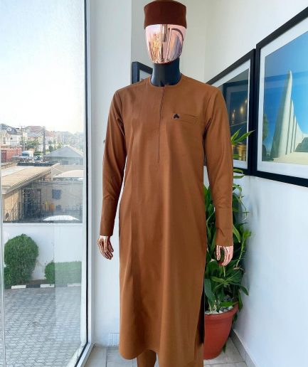 A Tawny Brown, Zip Line Flap, High Cuff Detailing African Senator Kaftan Native.
