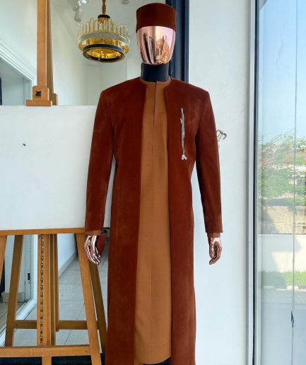 A regal cinnamon brown soaked velvet kimono jacket, tawny brown kaftan, Pant trouser & Matching hat.