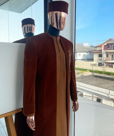 A regal cinnamon brown soaked velvet kimono jacket, tawny brown kaftan, Pant trouser & Matching hat.