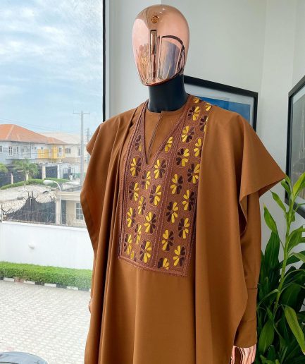A Tawny Brown, Wing Pattern Mixed Gold Embroidery Detailing Agbada