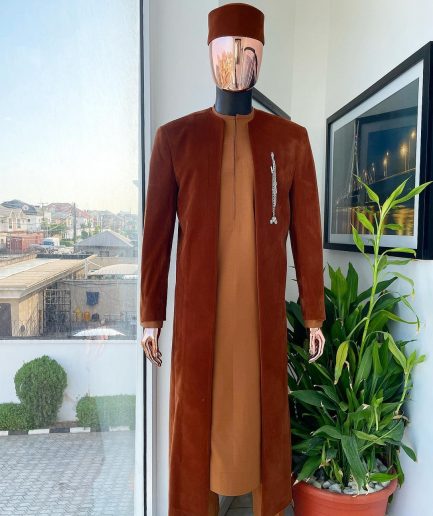 A regal cinnamon brown soaked velvet kimono jacket, tawny brown kaftan, Pant trouser & Matching hat.