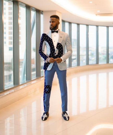 A “Prodigal” dispersed blue and splashed champagne gold metallic jacquard suit