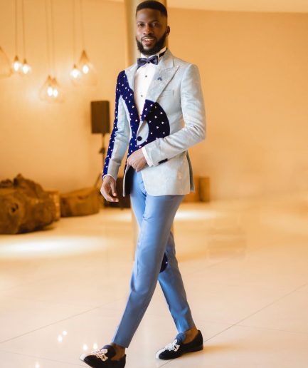 A “Prodigal” dispersed blue and splashed champagne gold metallic jacquard suit