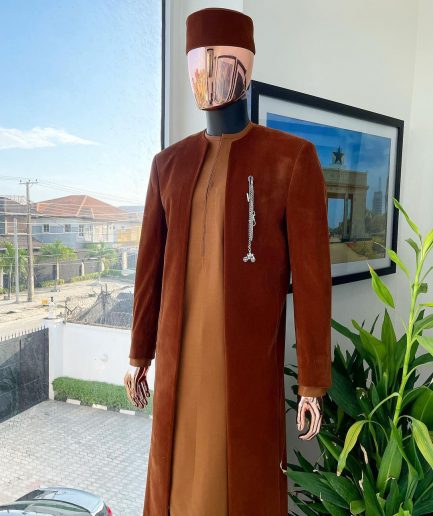 A regal cinnamon brown soaked velvet kimono jacket, tawny brown kaftan, Pant trouser & Matching hat.