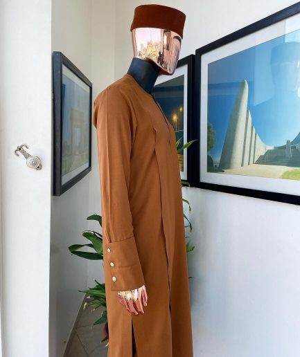 A Tawny Brown, Zip Line Flap, High Cuff Detailing African Senator Kaftan Native.