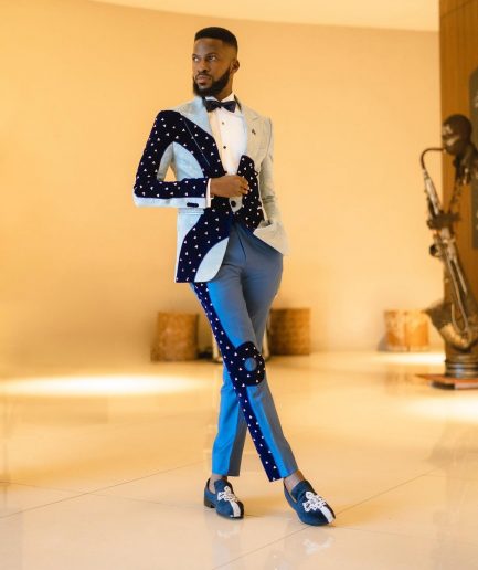 A “Prodigal” dispersed blue and splashed champagne gold metallic jacquard suit
