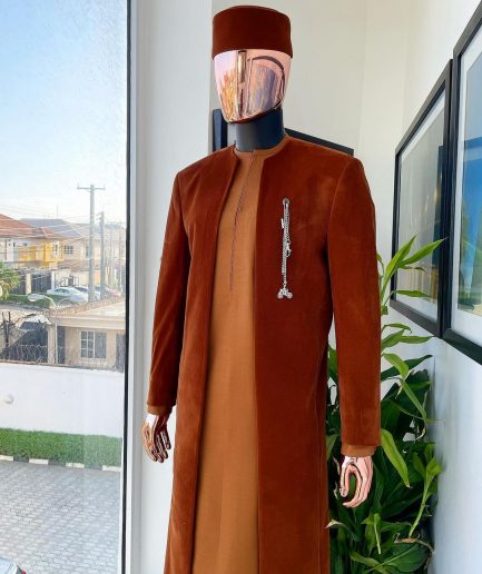A regal cinnamon brown soaked velvet kimono jacket, tawny brown kaftan, Pant trouser & Matching hat.