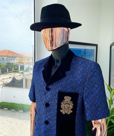 A Sky Blue And Splash Of Navy Blue Floral Jacquard Notch Lapel, Short-Sleeve Safari Suit