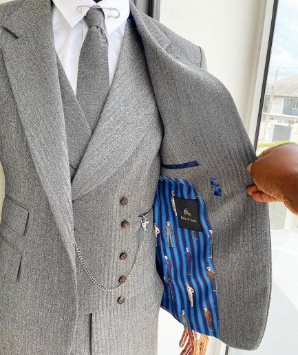 A Lava Grey, herringbone-patterned fabric Jorgecarli Super 140's “Board Room” notch lapel suit