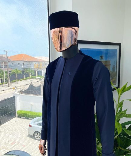 A midnight blue long sleeve kaftan, matching soaked Italian velvet kimono jacket, hat and sokoto African traditional senator kaftan native.