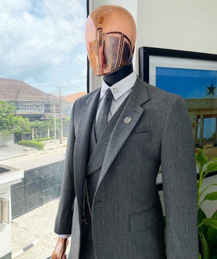 A Lava Grey, herringbone-patterned fabric Jorgecarli Super 140's “Board Room” notch lapel suit