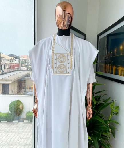 A White, Medusa Head Embroidery Detailing Agbada