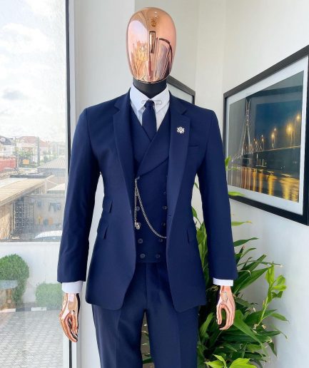A Navy blue, tiny square-patterned Jorgecarli Super 140's “Board Room” notch lapel suit