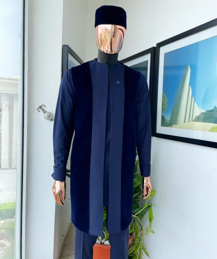 A midnight blue long sleeve kaftan, matching soaked Italian velvet kimono jacket, hat and sokoto African traditional senator kaftan native.
