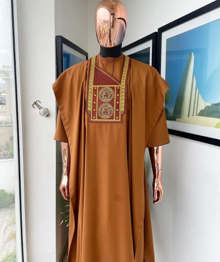 A Tawny brown, Medusa Head embroidery detailing Agbada