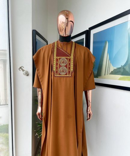 A Tawny brown, Medusa Head embroidery detailing Agbada