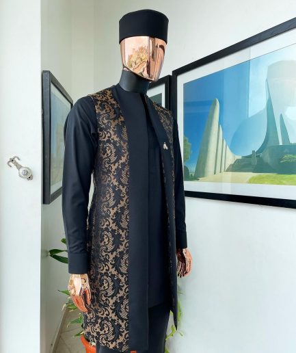 A Charcoal black long sleeve kaftan, dispersed floral splash kimono jacket, hat and sokoto African traditional senator kaftan native.