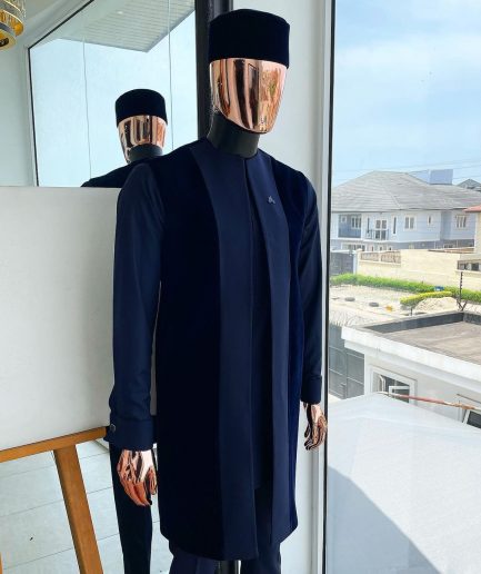 A midnight blue long sleeve kaftan, matching soaked Italian velvet kimono jacket, hat and sokoto African traditional senator kaftan native.