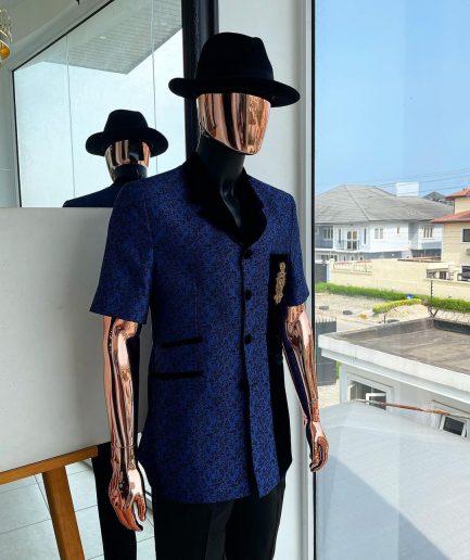 A Sky Blue And Splash Of Navy Blue Floral Jacquard Notch Lapel, Short-Sleeve Safari Suit
