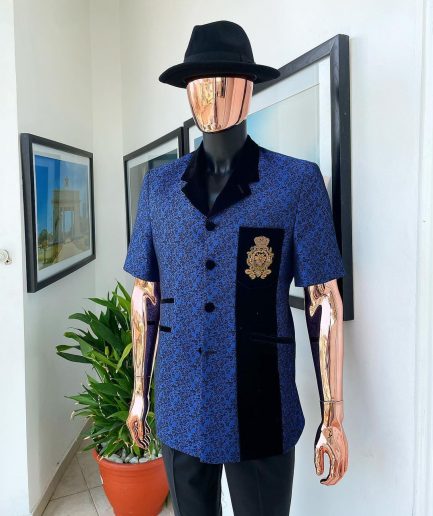 A Sky Blue And Splash Of Navy Blue Floral Jacquard Notch Lapel, Short-Sleeve Safari Suit