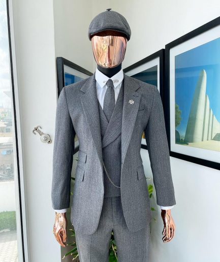 A “peaky blinders” Lava Grey, herringbone-patterned fabric, Jorgecarli Super 140's “Board Room” notch lapel suit