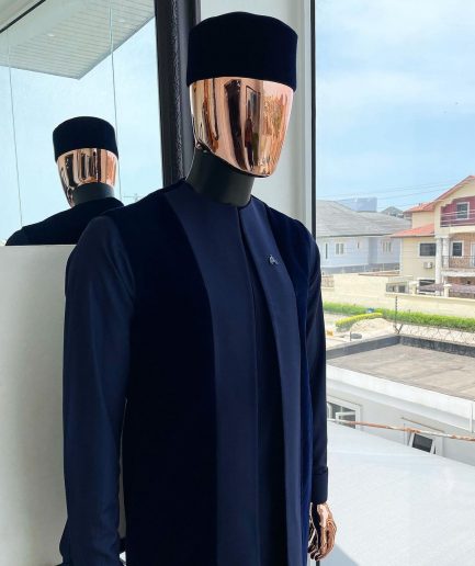 A midnight blue long sleeve kaftan, matching soaked Italian velvet kimono jacket, hat and sokoto African traditional senator kaftan native.