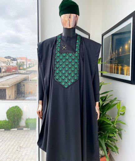 A Charcoal black, redundant flame embroidery detailing Agbada