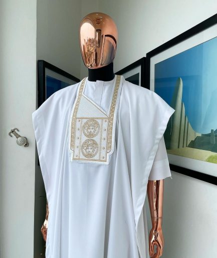 A White, Medusa Head Embroidery Detailing Agbada