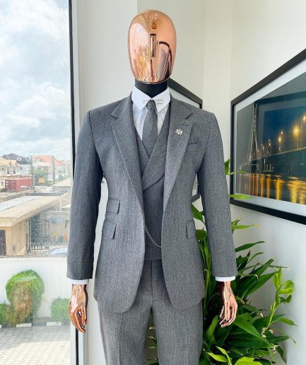 A Lava Grey, herringbone-patterned fabric Jorgecarli Super 140's “Board Room” notch lapel suit
