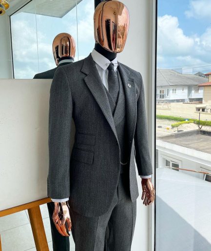 A Lava Grey, herringbone-patterned fabric Jorgecarli Super 140's “Board Room” notch lapel suit