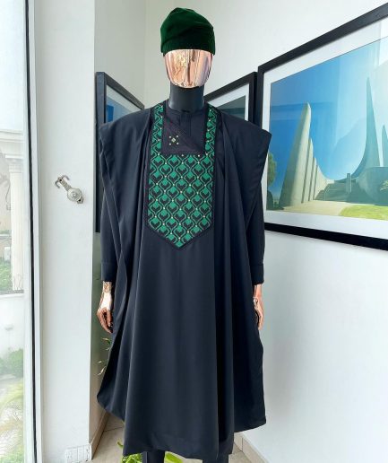 A Charcoal black, redundant flame embroidery detailing Agbada