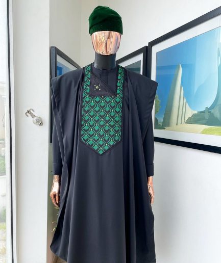 A Charcoal black, redundant flame embroidery detailing Agbada
