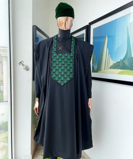 A Charcoal black, redundant flame embroidery detailing Agbada