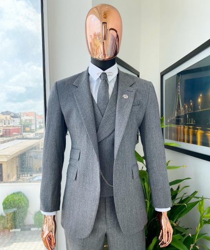 A Lava Grey, herringbone-patterned fabric Jorgecarli Super 140's “Board Room” notch lapel suit