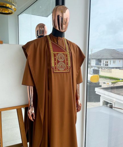 A Tawny brown, Medusa Head embroidery detailing Agbada