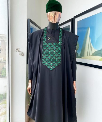 A Charcoal black, redundant flame embroidery detailing Agbada
