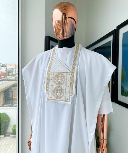 A White, Medusa Head Embroidery Detailing Agbada