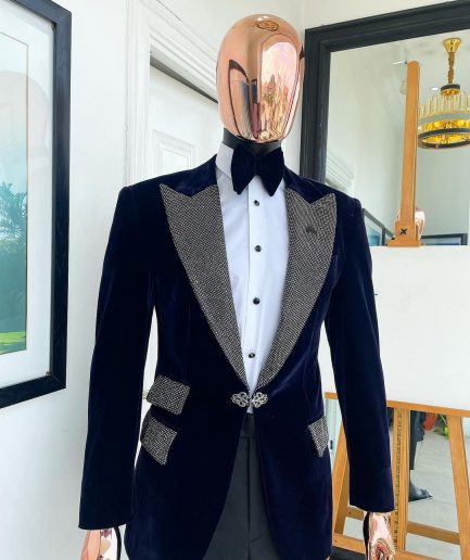 The "Jackson", midnight blue, black crystal trim bling layered peak lapel tuxedo suit