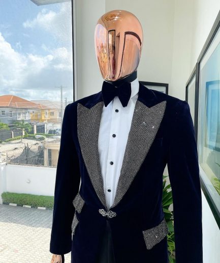 The "Jackson", midnight blue, black crystal trim bling layered peak lapel tuxedo suit
